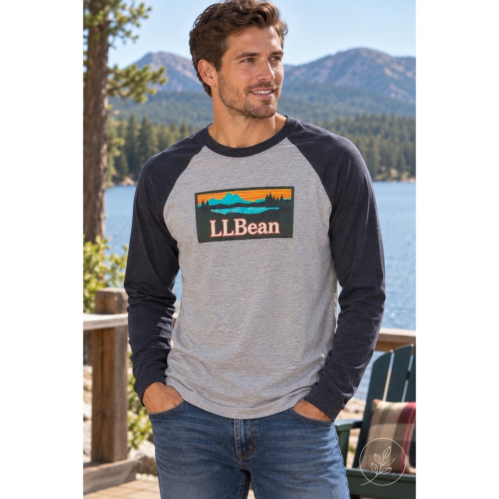 LL Bean Raglan Tee Mens XL Gray Navy Gorpcore Graphic Mountain Raglan Retro